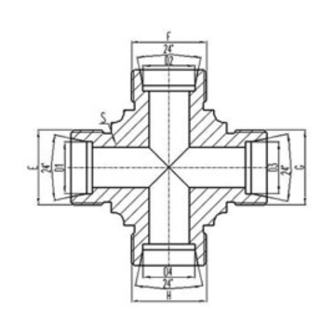公製外螺紋24°內錐(zhuī)麵密封四通接頭(tóu)